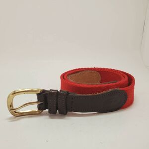 VTG Lacoste Men's Red Canvas Brown Leather Brass Buckle Belt 36